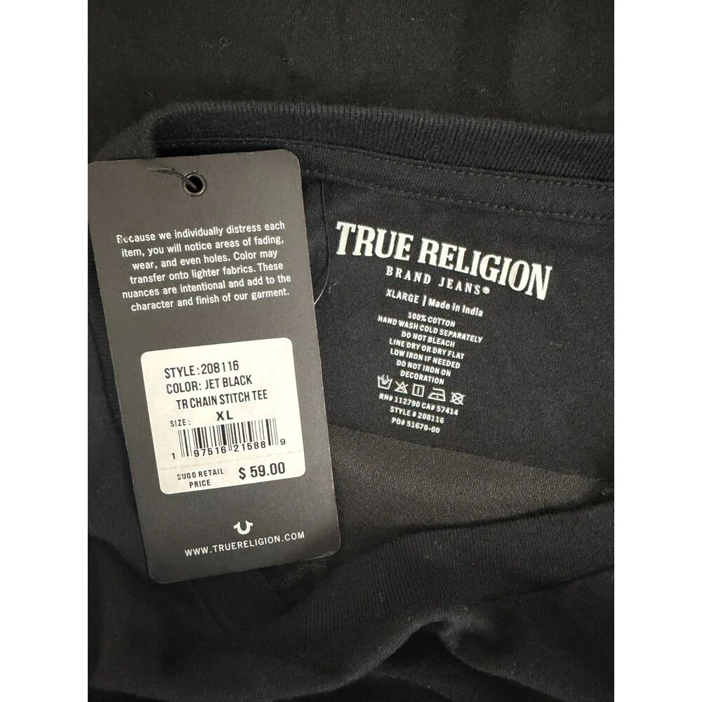 True Religion Men's TR Chain Stitch T-Shirt XL Jet Black Green Logo NWT $59